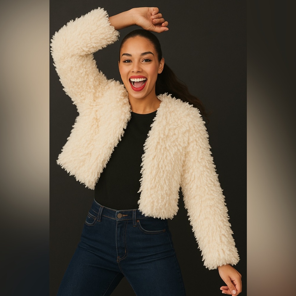 Vintage Calvin Klein Cream Faux-Fur Cropped Jacket (Size L)